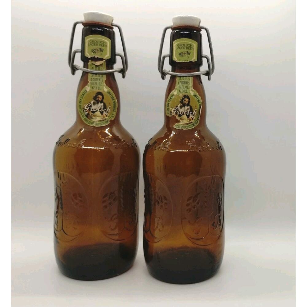 Lot Of 2 Vintage Grolsch Amber Brown Lager Beer Bottles Porcelain Swing Top